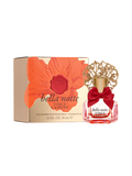 A bottle of Bella Notte 1.0 oz Eau de Parfum Spray by Vince Camuto, adorned with a red bow and an ornate gold cap, sits beside its gold box showcasing a bold red flower and the product name—an elegant floral fragrance ideal for any occasion.