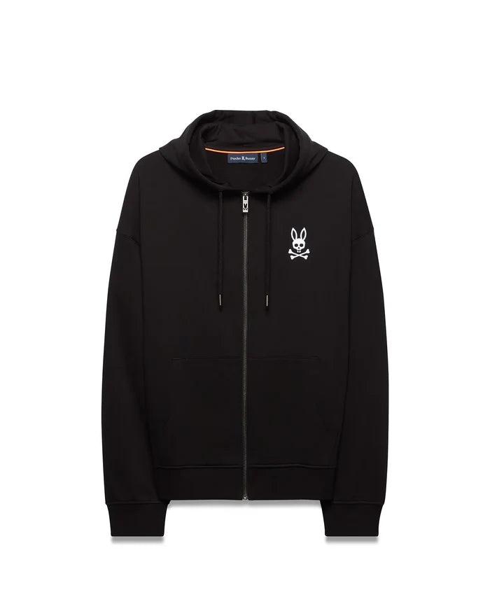 Mens Big And Tall Haiden Relaxed Brushed Fleece Zip Hoodie in black, featuring a white embroidered bunny skull logo on the left chest, full zip, hood, kangaroo pockets, and orange neck tape.