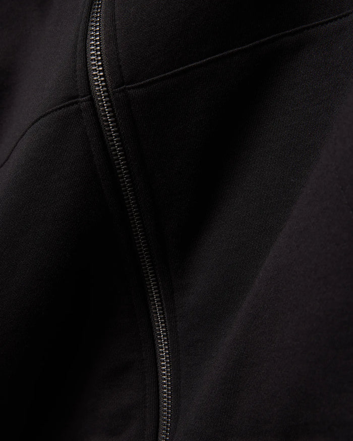 Mens Big And Tall Haiden Relaxed Brushed Fleece Zip Hoodie in deep black, showcasing a robust gunmetal full-zip closure with visible stitching and a luxuriously soft, comfortable fabric texture.
