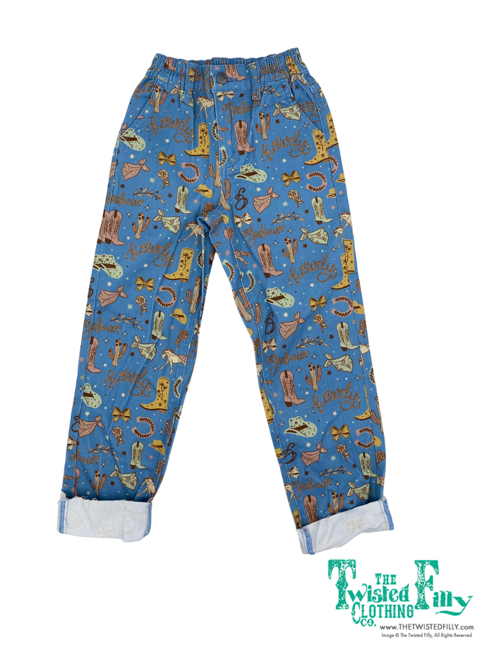 Blue denim pants with howdy cowboy boots and hat pattern