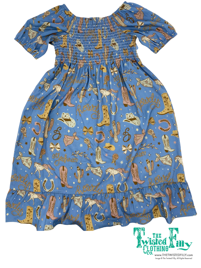 Short sleeved blue dress with yee haw cowboy pattern