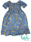 Short sleeved blue dress with yee haw cowboy pattern