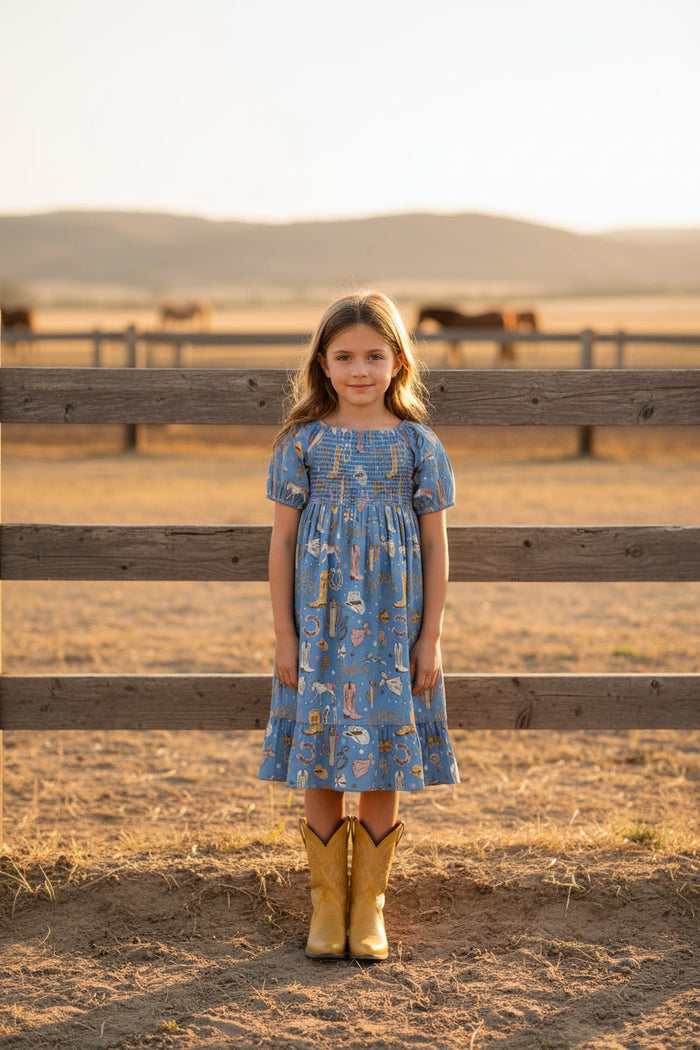 Blue Yee Haw - Toddler Smocked SS Dress