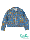 Blue denim button up jacket with cowboy hat and boot pattern