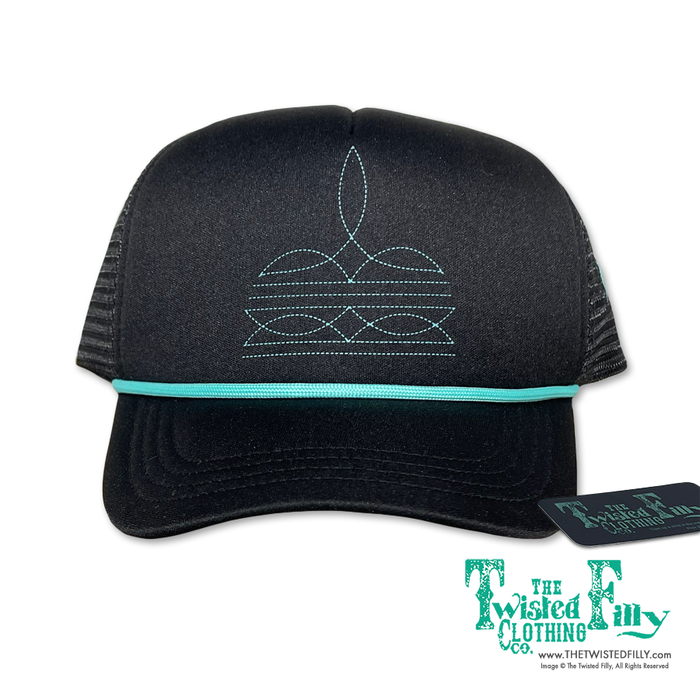 Black trucker snapack hat with turquoise boot stich design