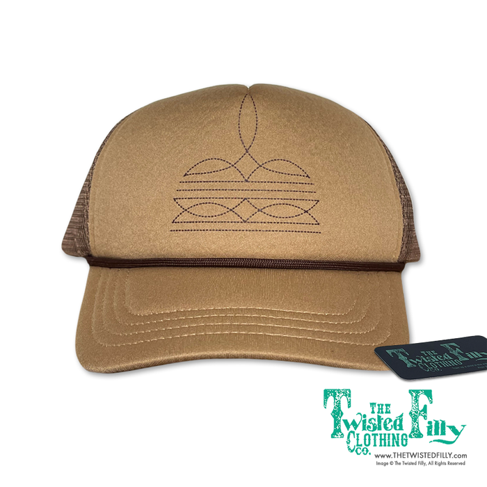 Brown trucker snapback hat with brown boot stitch detail