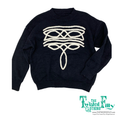 Long sleeve black knit sweater with white boot stitch