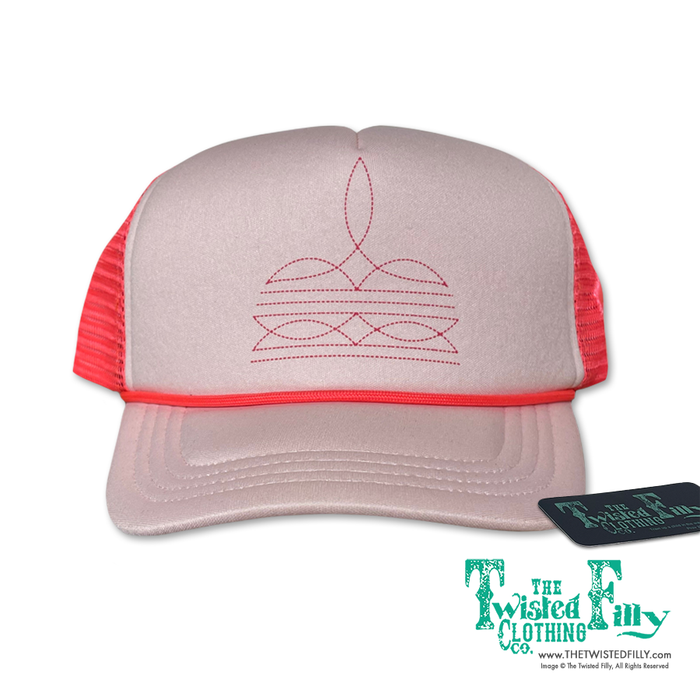 Neon pink trucker snapback hat with pink boot stitch detail