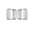 A pair of brass rectangle hoop earrings by Vince Camuto, featuring a shiny silver-tone finish and open centers in a modern style, displayed on a white background.