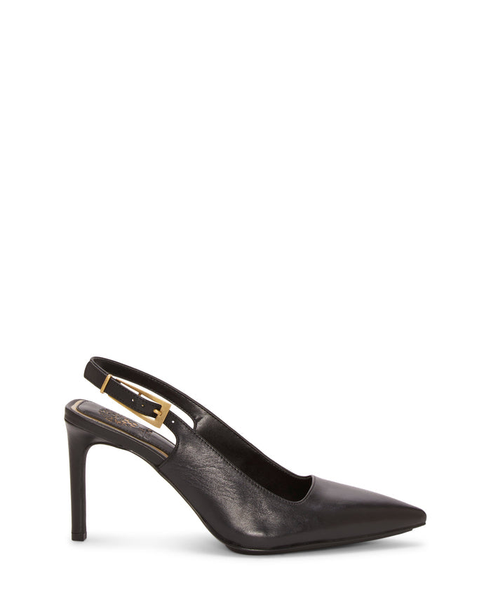 The Brendie Pump by Vince Camuto is a black leather high heel with a pointed toe and gold buckle detail on the strap, featuring a sleek slingback design, displayed on a plain white background.