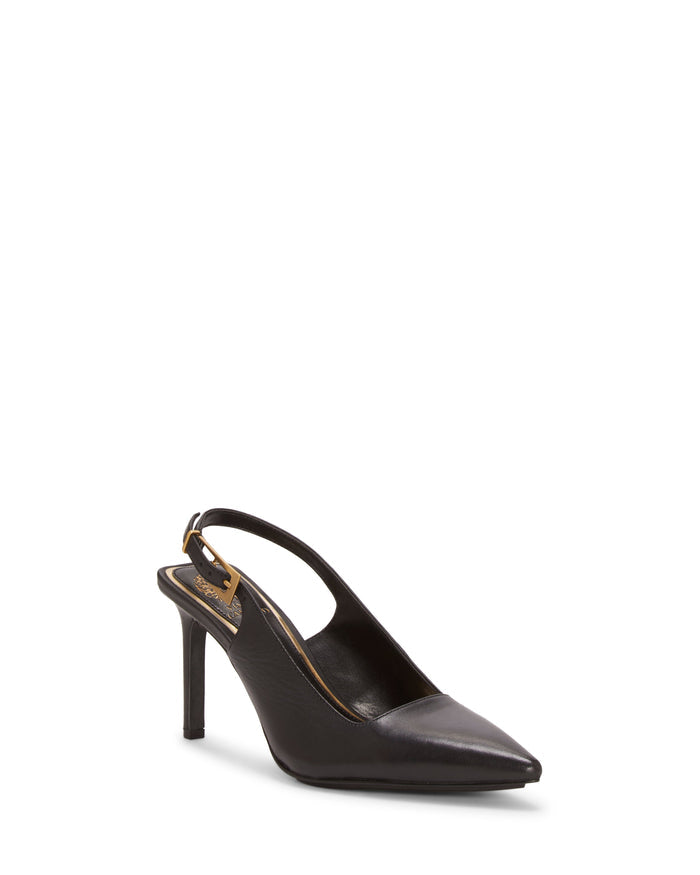 The Brendie Pump by Vince Camuto is a black, pointed-toe slingback with a thin heel and gold buckle detail on the strap, featuring a luxurious suede finish and shown on a white background.