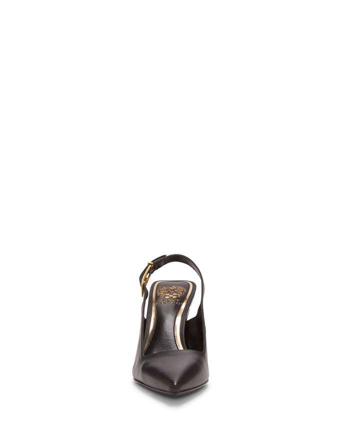 Front view of the Vince Camuto Brendie Pump in black, featuring a pointed toe, gold buckle, gold detailing on the insole, and a sleek suede finish, shown against a white background.