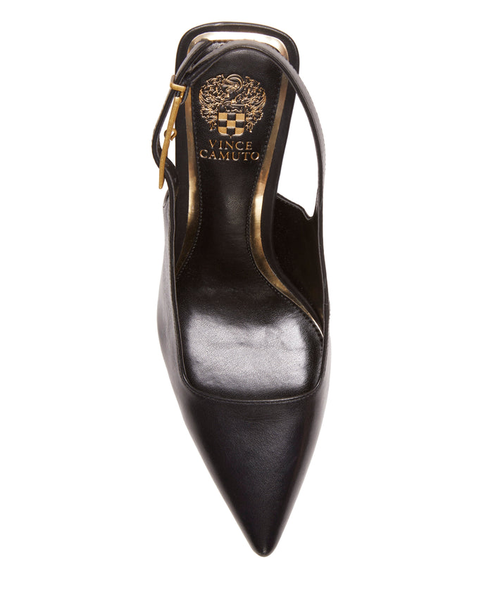 The Brendie Pump by Vince Camuto is a black suede, pointed-toe slingback high heel featuring a gold buckle and the Vince Camuto logo on the insole, elegantly displayed from an overhead view against a white background.