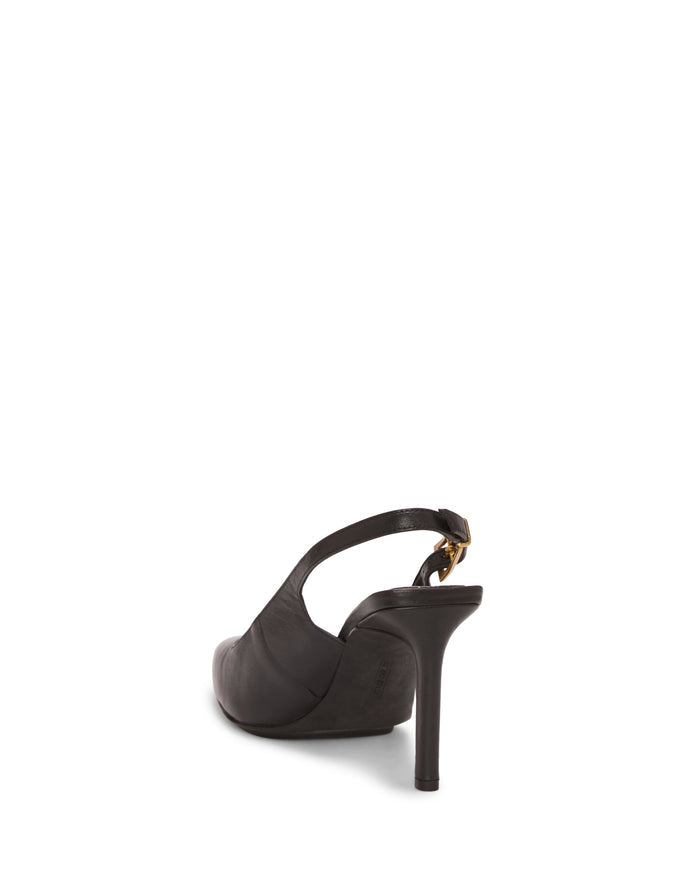 The Brendie Pump by Vince Camuto, shown from the back on a white background, features a black high heel with an ankle strap and an elegant slingback design.