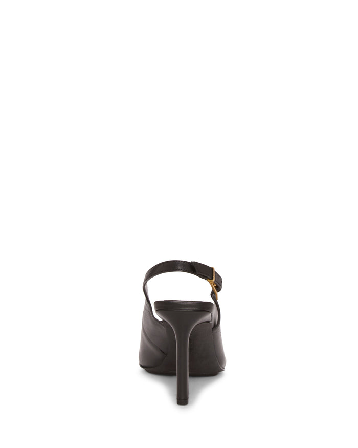 The Brendie Pump by Vince Camuto is a black high-heeled shoe featuring an ankle strap and a sleek suede finish, shown from the back against a plain white background.