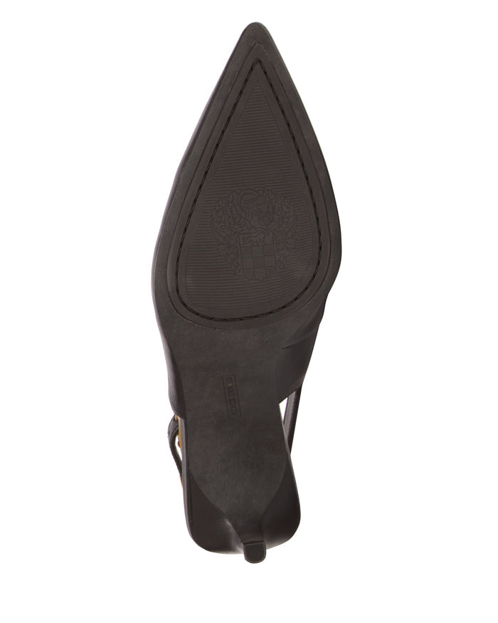 Bottom view of the Vince Camuto Brendie Pump in black, showcasing a pointed toe, textured sole with embossed patterns, a small heel tip, and an elegant slingback design.