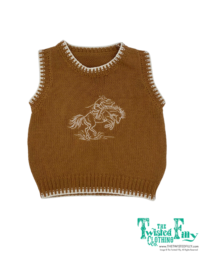 Brown knitted sweater vest with white stitching and bucking horse detail