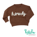 Long sleeve brown knit sweater with howdy detail