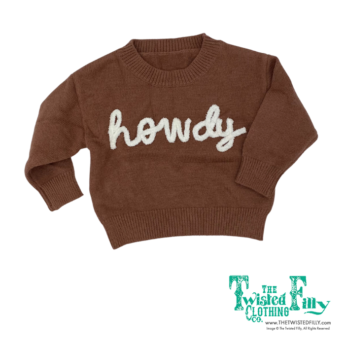 Long sleeve brown knit sweater with howdy detail