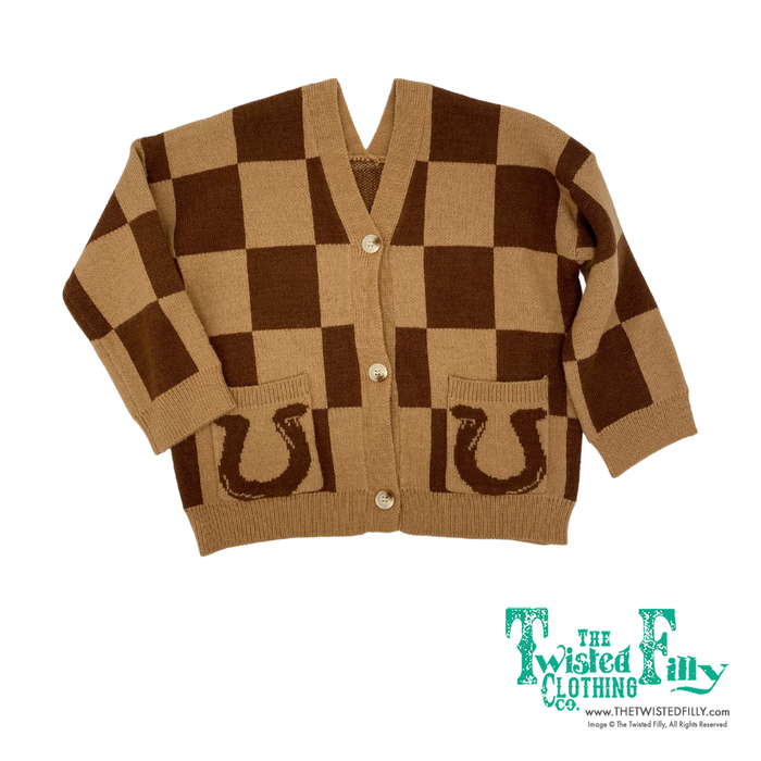 Long sleeve brown checkered cardigan with horse shoes on the pockets