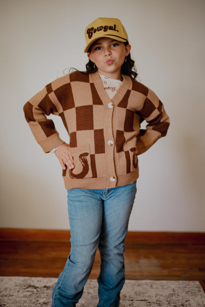 Brown Tan Check Horseshoe - Youth Cardigan Sweater