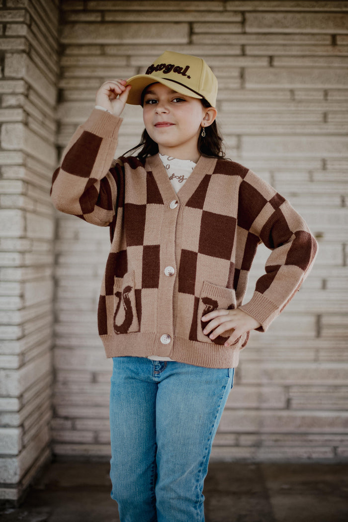 Brown Tan Check Horseshoe - Youth Cardigan Sweater