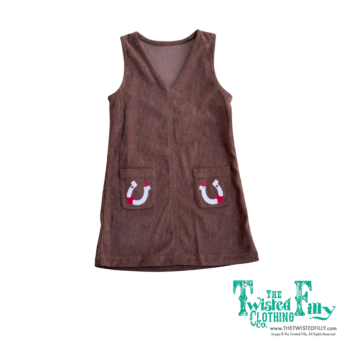 Brown sleeveless corduroy dress with horse shoes on the pocket