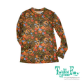 Long sleeve brown mesh top with floral horse shoe yee haw pattern