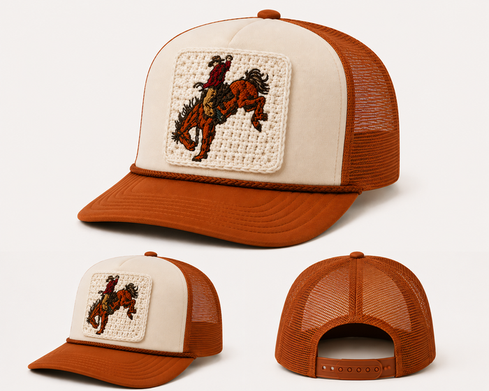 Bucking Cowboy Crochet Cream & Burnt Orange - Youth Trucker Hat