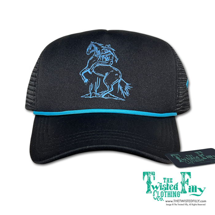 Black trucker snapback hat with teal bucking cowgirl