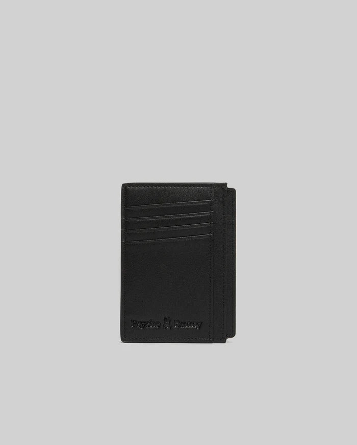 Black Bunny Card Case crafted from smooth, premium material, featuring multiple card slots and an embossed Psycho Bunny skull logo with text on the front.