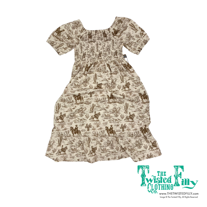 Short sleeve smocked dress with cactus and cowboy pattern