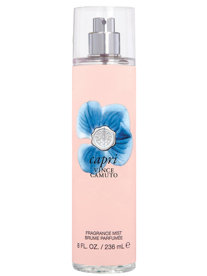 The Capri Body Mist 8.0 oz by Vince Camuto features a pink bottle with blue floral design, silver nozzle, and clear cap. Enjoy a refreshing floral fruity scent with citrus notes in this vibrant fragrance mist.