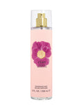 A clear bottle of Vince Camuto Ciao Body Mist 8.0 oz features a gold spray top, an eye-catching large purple flower graphic, and text indicating 8 fl. oz. (236 mL) on the front. This alluring fragrance combines uplifting citrus with soft musk and vanilla notes, capturing the breezy sophistication of the Mediterranean sea.