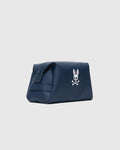 Psycho Bunny Classic Bunny Toiletry Kit in smooth navy blue, with a top zipper and prominent white and pink embroidered skull logo.