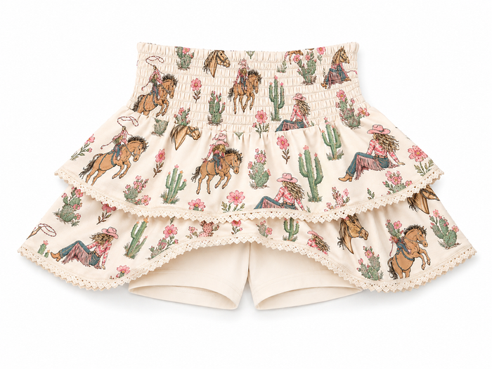 Layered ruffle lace detail skort with cowgirl and cactus design