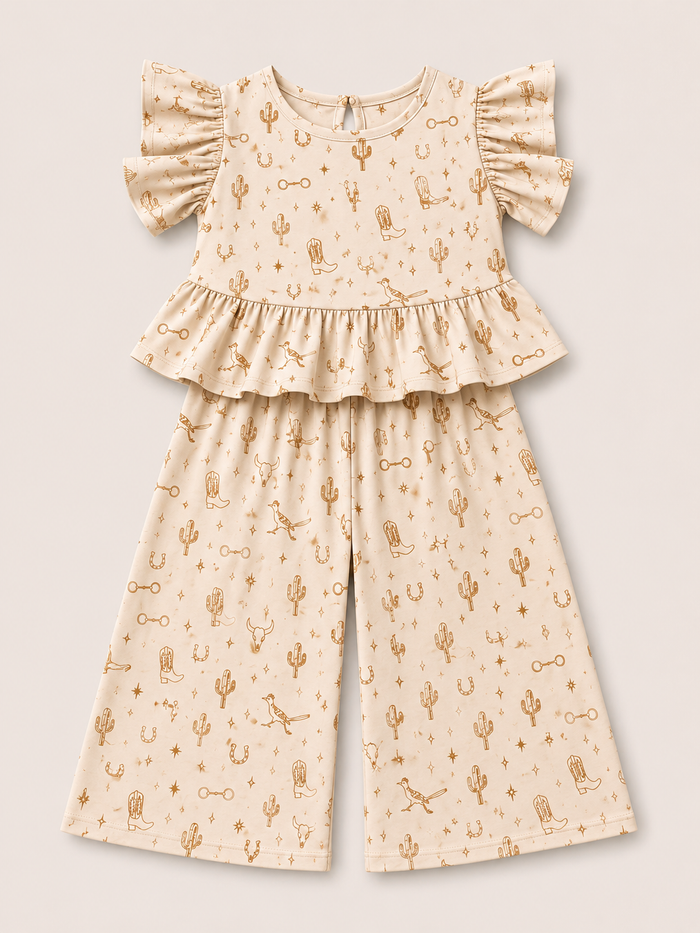 Cream & Camel Desert Things- Youth Ruffle Pant Set - The Twisted Filly