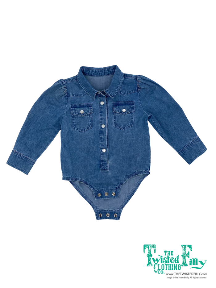Long sleeve denim pearl snap infant onesie