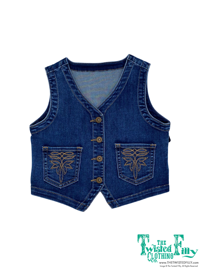 Blue denim vest with boot stitch detail