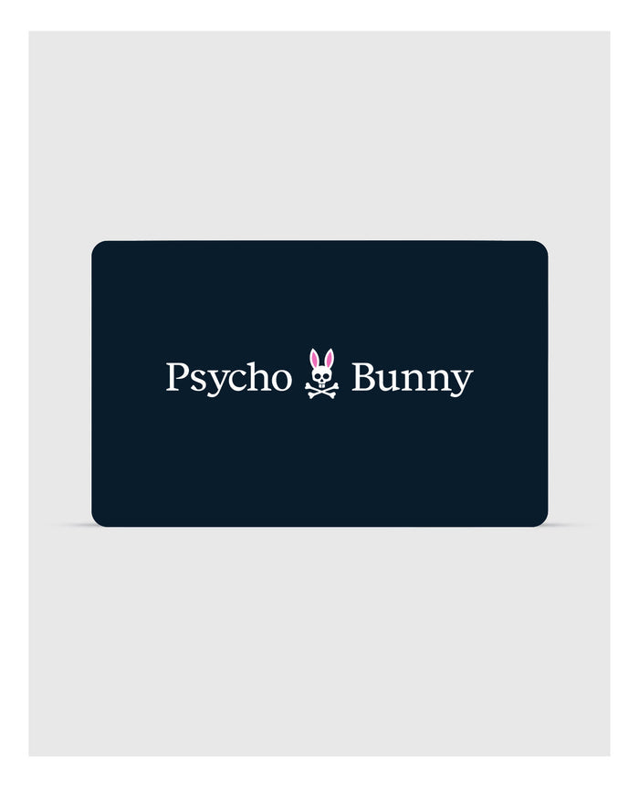 A stylish rectangular black card showcases the "Psycho Bunny" brand in sharp white lettering, accompanied by a logo featuring a bunny head with skull and crossbones beneath it. This Psycho Bunny Digital Gift Card is an ideal choice for fashionable gifts—redeem during checkout to enhance your shopping journey.