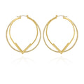 The Vince Camuto Double Hoop V Pave Earrings feature a gold V-shaped design with a thinner pave hoop accented by clear stones on the outer edge, all elegantly showcased against a white background.