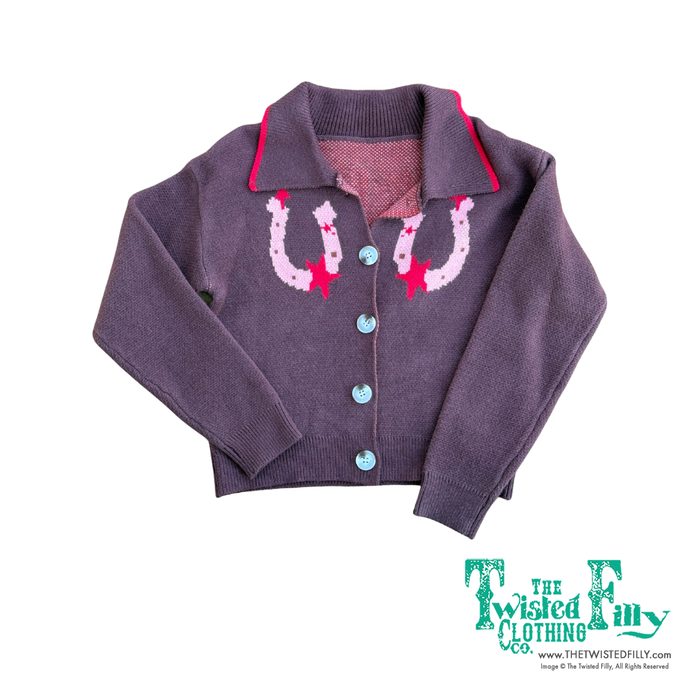Long sleeve sweater cardigan with horse shoe detail