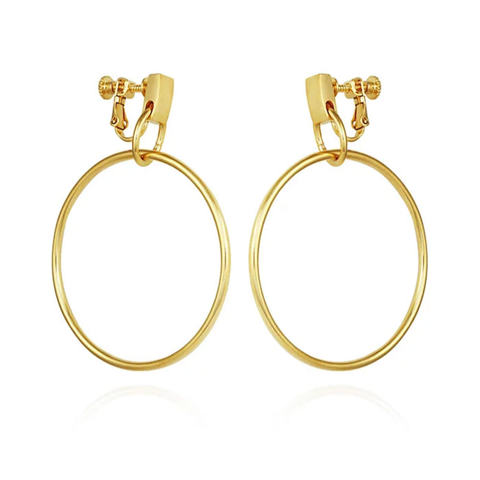 Vince Camuto Drop Hoop Clip On Earrings feature gold-tone finishes and convenient screw-back closures. Displayed against a white background, these stylish earrings are the perfect addition to any accessory collection.
