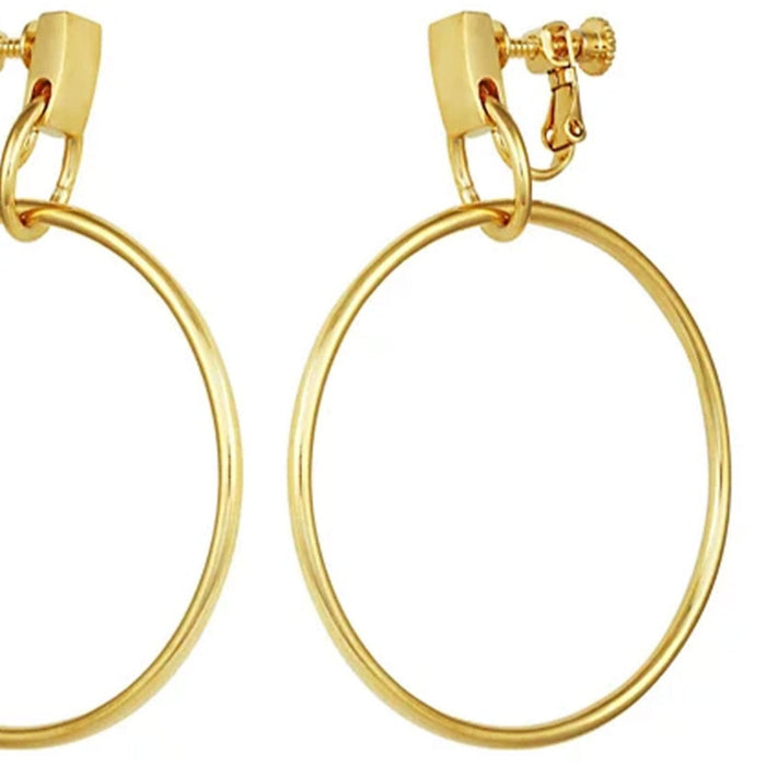 A pair of Vince Camuto Drop Hoop Clip On Earrings, showcasing elegant gold hoops with clip-on screw back closures, displayed against a white background.