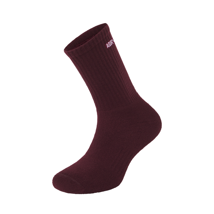 Essential Crew Socks in crimson, displayed on foot form against white background flatlay