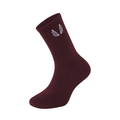 Essential Crew Socks in crimson with white logo, displayed on foot form against white background