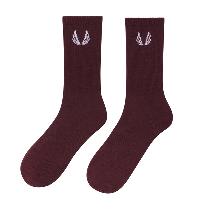 Flatlay of Essential Crew Socks in crimson with white wing logo, front view