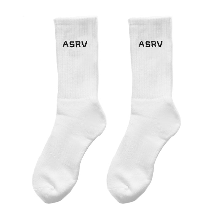 Flatlay of white ASRV Essential Crew Socks pair, front view