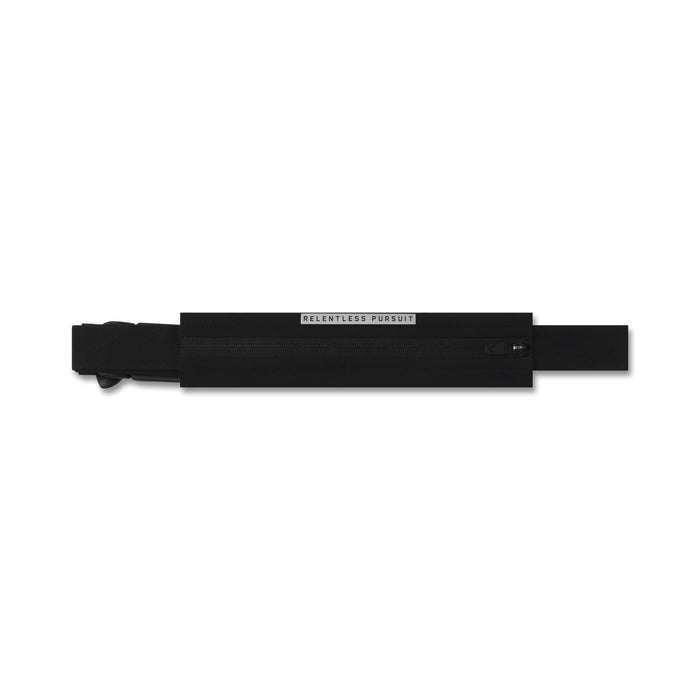 Flatlay of Expandable Belt Pack in black, top view on white background