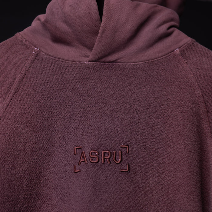 FA'19 Reverse Weave Hoodie in burgundy, worn with drawstring detail visible